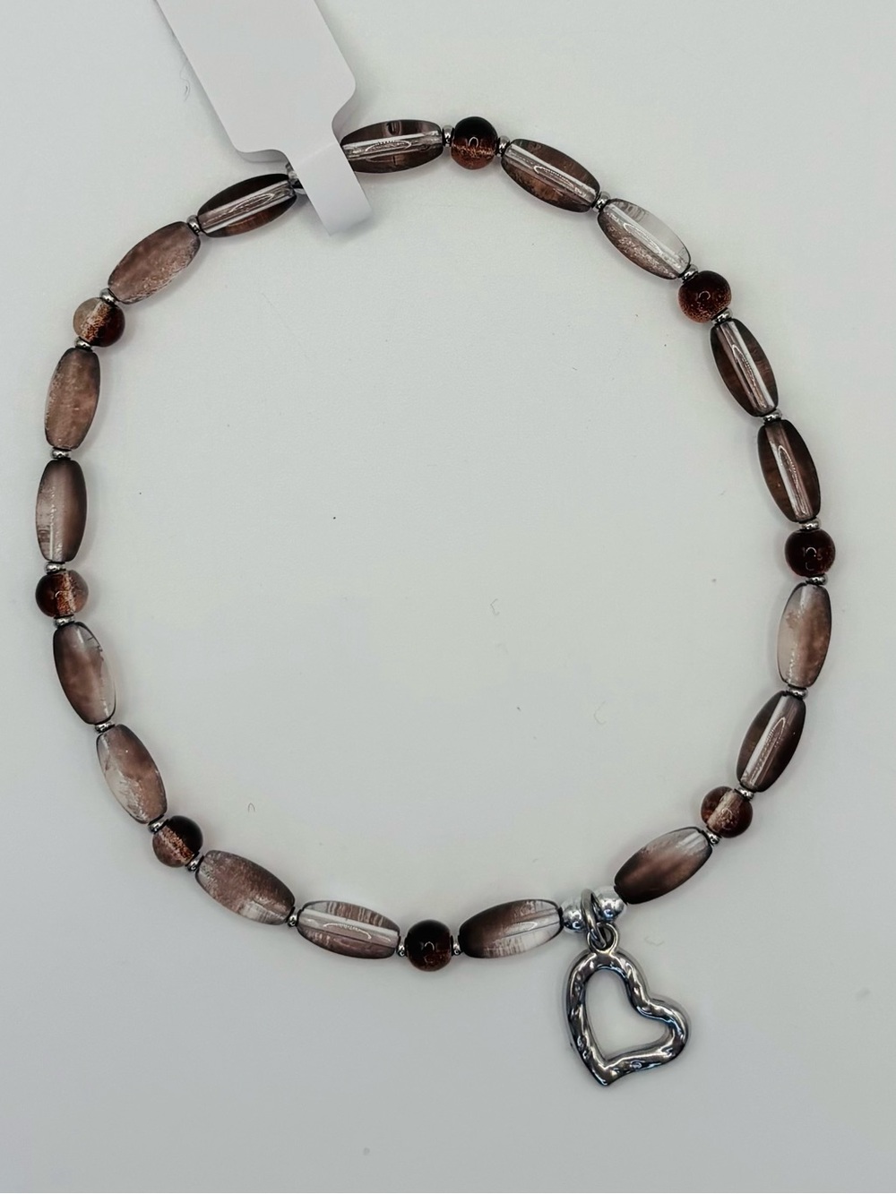 *ANKLET* S.Steel Heart & Frosted Brown Glass Stretchy Anklet - Picture 3 of 6